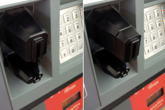 Card skimmer devices can blend in to the equipment that's part of the pump. The photo on the right shows a card skimmer attached to a gas pump's credit card reader.
