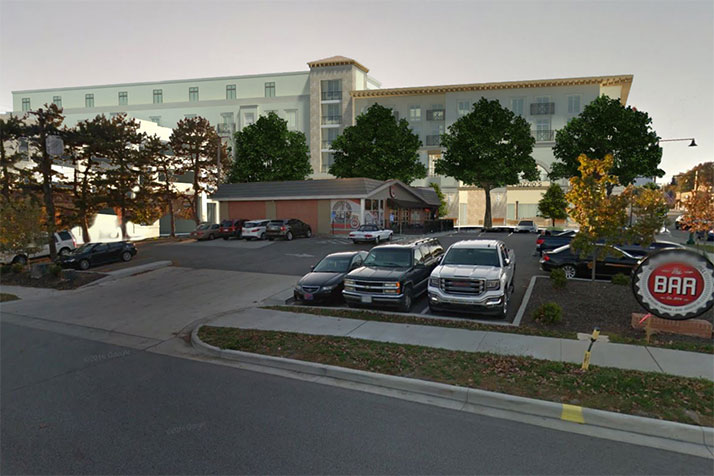 A rendering of the proposed project looking west from The Bar on Johnson Drive.