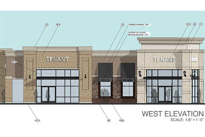 An elevation drawing of one of the proposed retail/restaurant buildings.