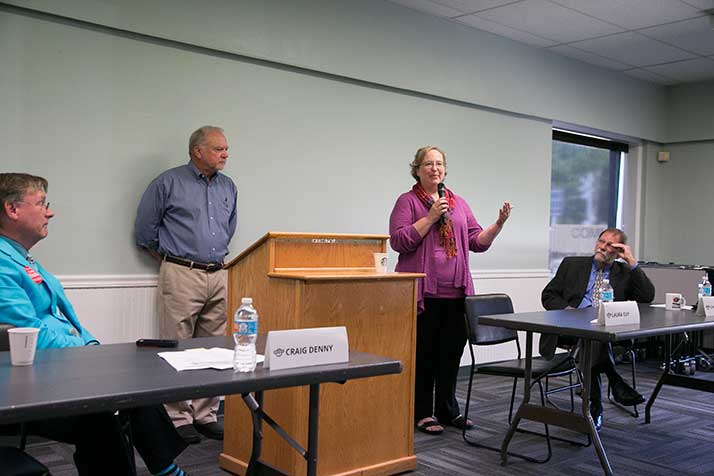 Candidates for the SM West area seat on the board of education answered questions at the Shawnee Mission Post forum Saturday.