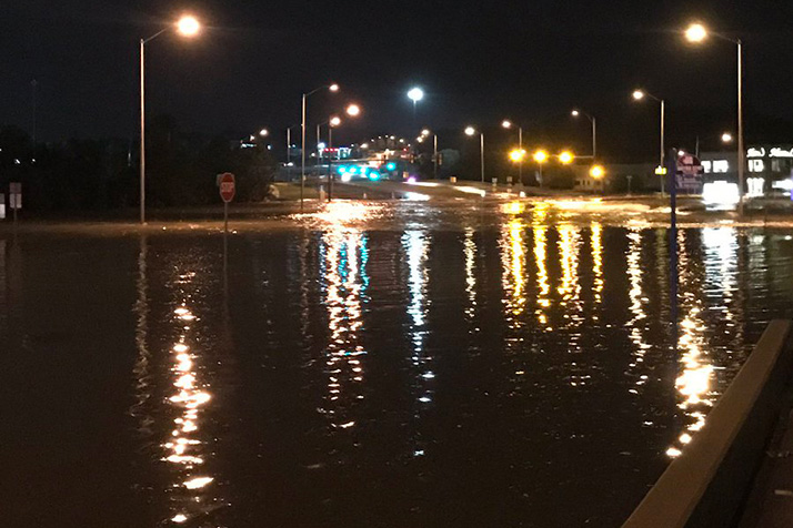 103rd Street and State Line Road was completely submerged early this morning. Photo via Johnson County Emergency Management.