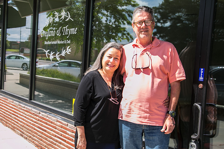 Daisy Rodriguez and Ted Gavalas outside the space at 6116 Johnson Drive that will become their new Oregano and Thyme Mediterranean Market.