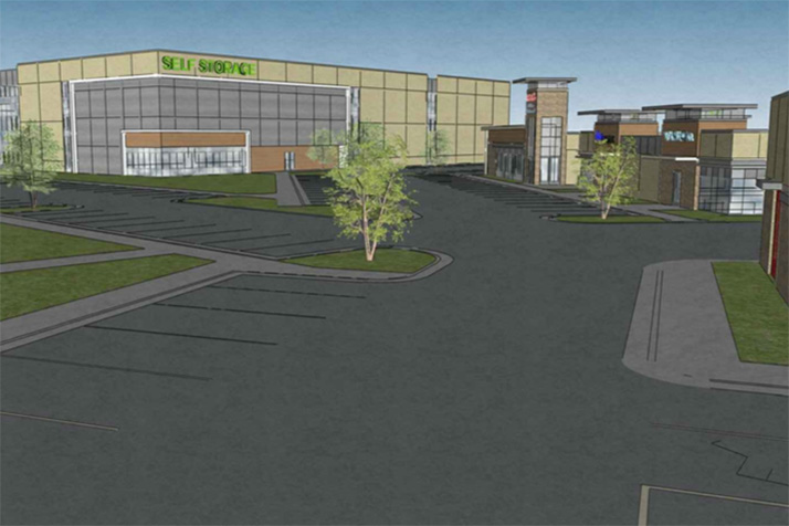A rendering of the self storage and retail portions of the project.