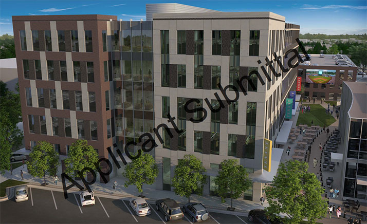 An early rendering showing the office building and courtyard proposed for the project.