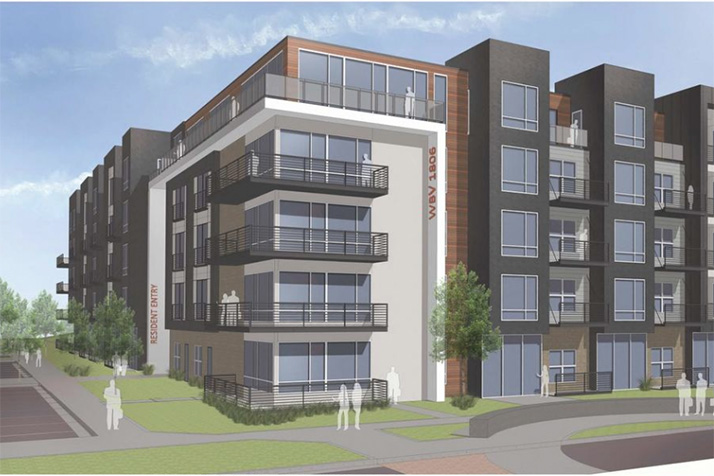 A rendering of the five-story residential building that's part of the Westbrooke Village proposal.