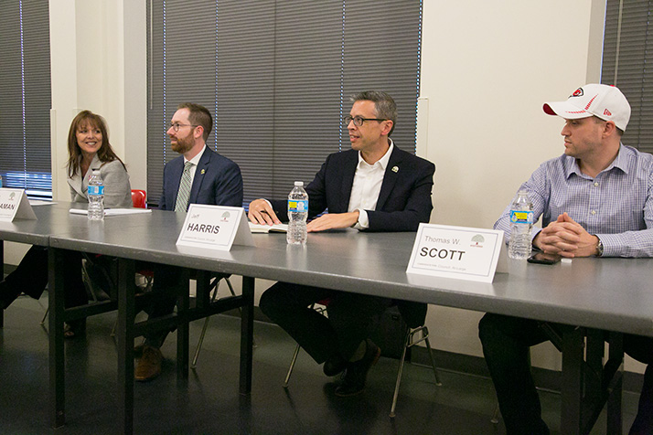 Lisa Cummins (from left), Jason Hannaman, Jeff Harris and Thomas Scott participated in a candidate forum at Westwood City Hall Tuesday.