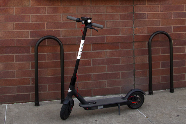 A Bird e-scooter parked against a brick wall. Cities like Overland Park and Olathe allow them.
