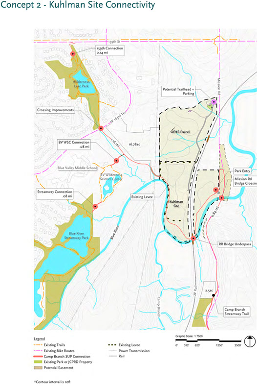 The Kuhlman site connection plan features restrooms, a small play area and more trail loops than the other plan. It's estimated at $10.4 million.